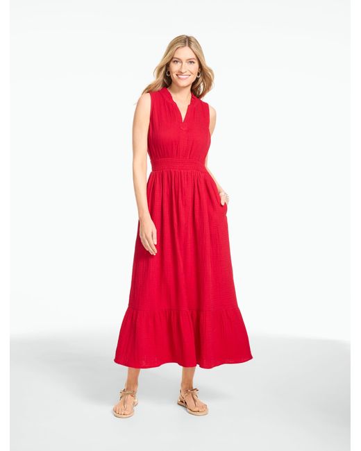 Talbots Red Sleeveless Smocked Waist Gauze Dress