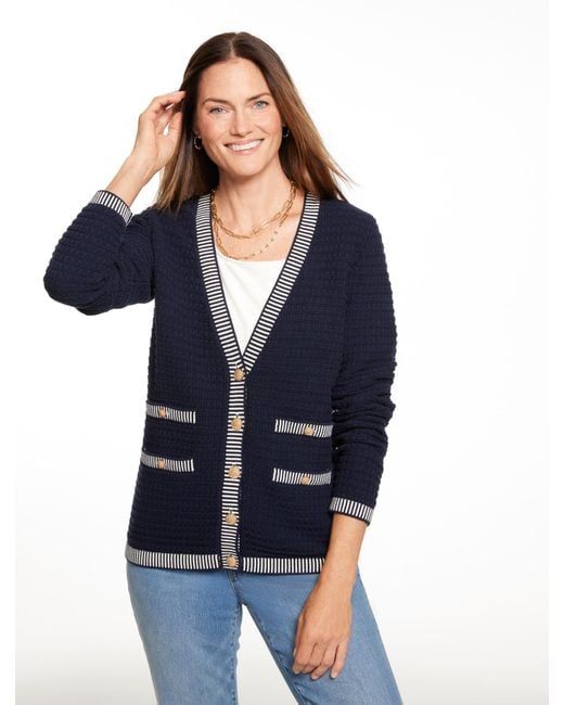 Talbots Blue Plaited Trim V-neck Cardigan Sweater