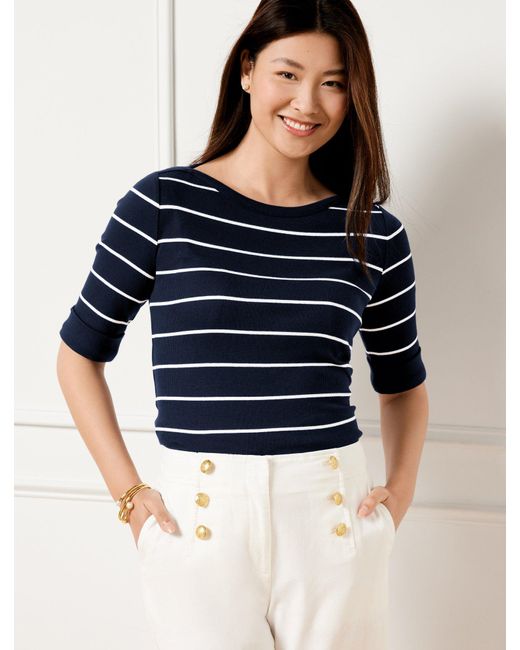 Talbots Blue Elbow Sleeve Ribbed Top