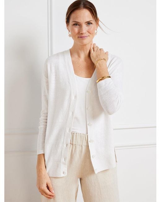 Talbots White Linen Girlfriend Cardigan Sweater