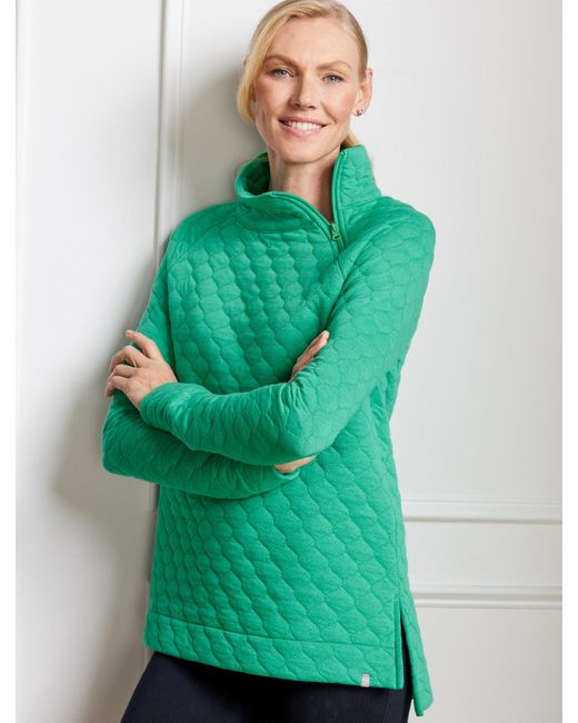 Talbots Green Asymmetrical Zip Quilted Pullover Sweater