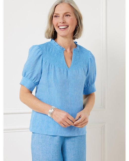 Talbots Blue Linen Smocked Top