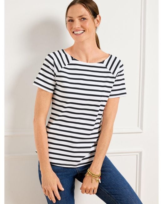 Talbots Blue Effortless Jersey Stripe Bateau Neck T-shirt