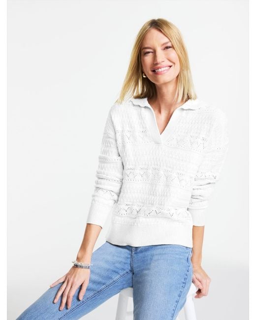 Talbots White Pointelle Johnny Collar Sweater
