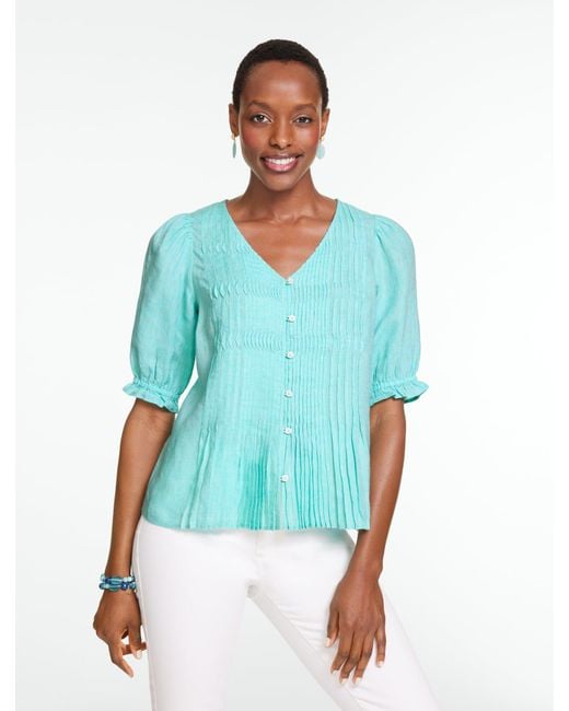 Talbots Blue Pleated Linen Top