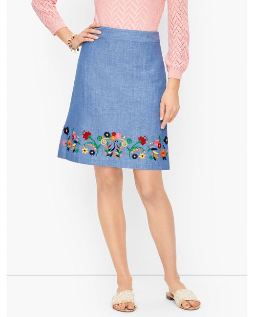 Talbots Blue Embroidered Linen A-line Skirt