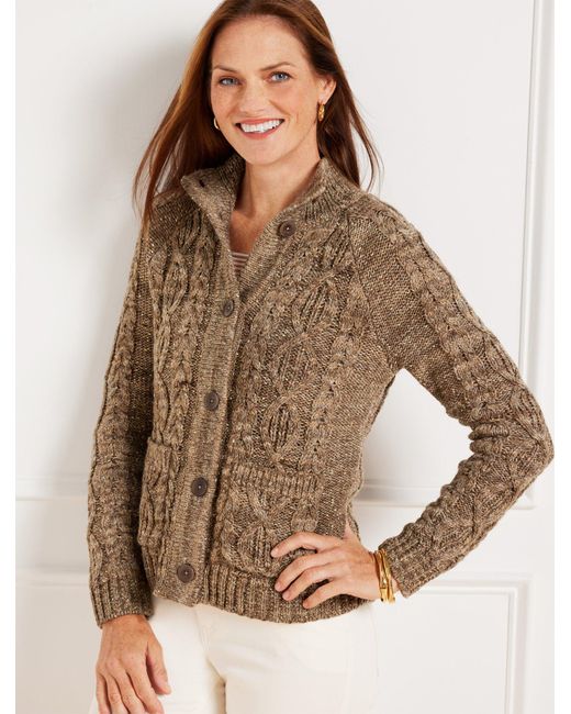 Talbots Brown Metallic Tweed Mockneck Cardigan Sweater