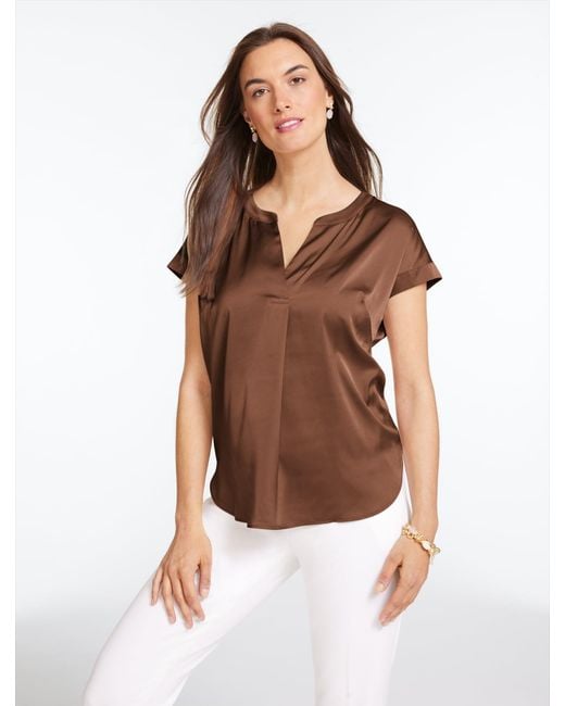 Talbots Brown Soft Satin Charmeuse Split Neck Top