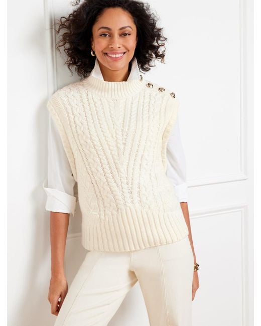 Talbots White Cable Knit Mockneck Sweater Vest