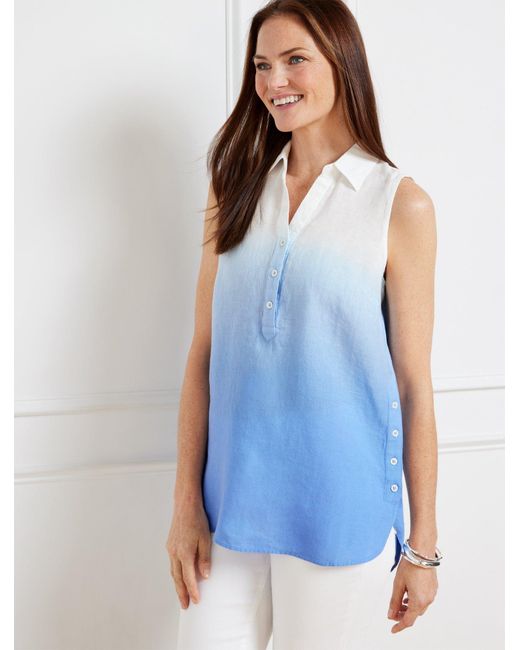 Talbots Blue Sleeveless Side Button Linen Popover Shirt