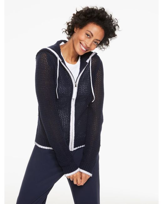 Talbots Blue Open Stitch Full-zip Hooded Sweater