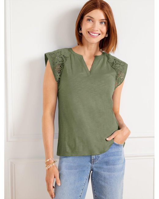 Talbots Green Embroidered Sleeve Split Neck T-shirt