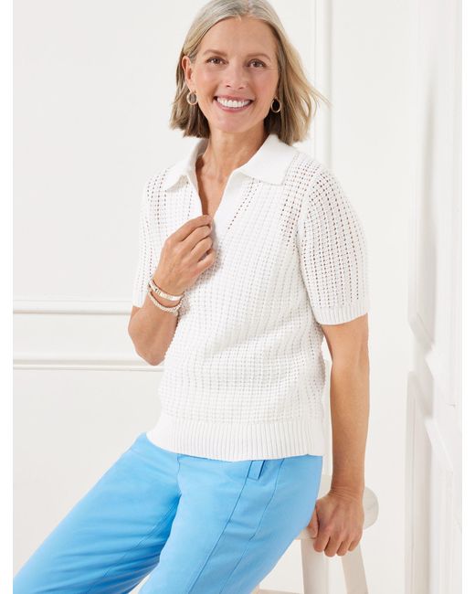 Talbots White Pointelle Stitch Polo Sweater