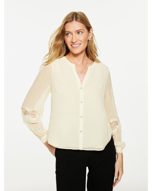 Talbots White Pleated Lace Trim Top