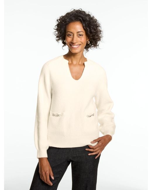 Talbots White Horsebit Split Neck Sweater