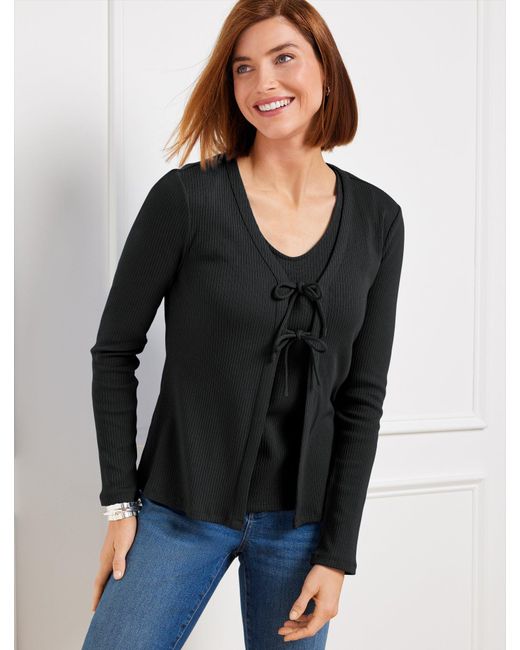 Talbots Black Ribbed Tie Front Cardigan Sweater