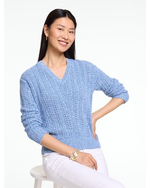 Talbots Blue Chevron Pointelle V-neck Pullover Sweater