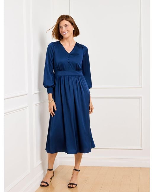 Talbots Blue Soft Satin Charmeuse Smocked Midi Dress