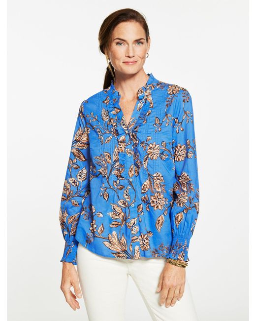 Talbots Blue Smocked Cuff Ruffle Top