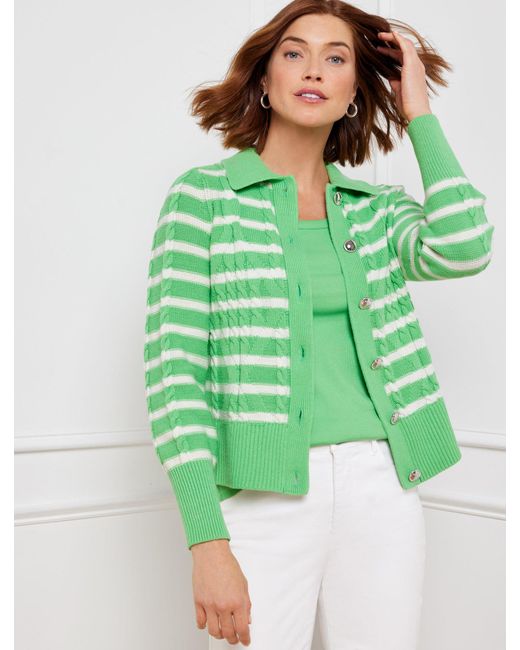 Talbots Green Cable Knit Collared Cardigan Sweater