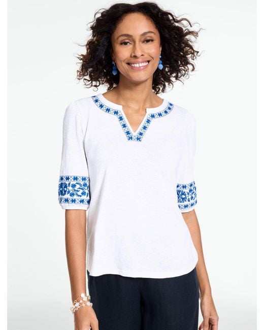 Talbots White Embroidered Split Neck Top
