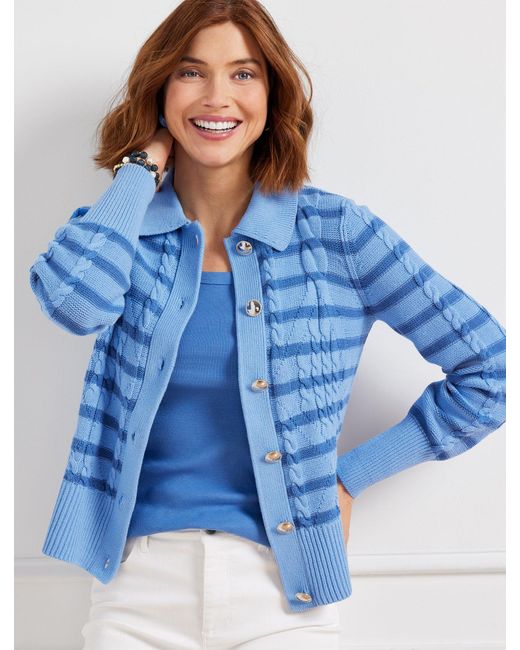 Talbots Blue Cable Knit Collared Cardigan Sweater