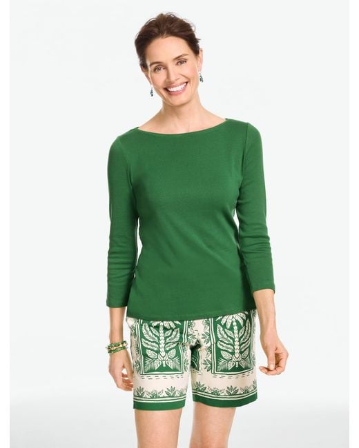 Talbots Green Solid Bateau Neck T-shirt Pima Cotton