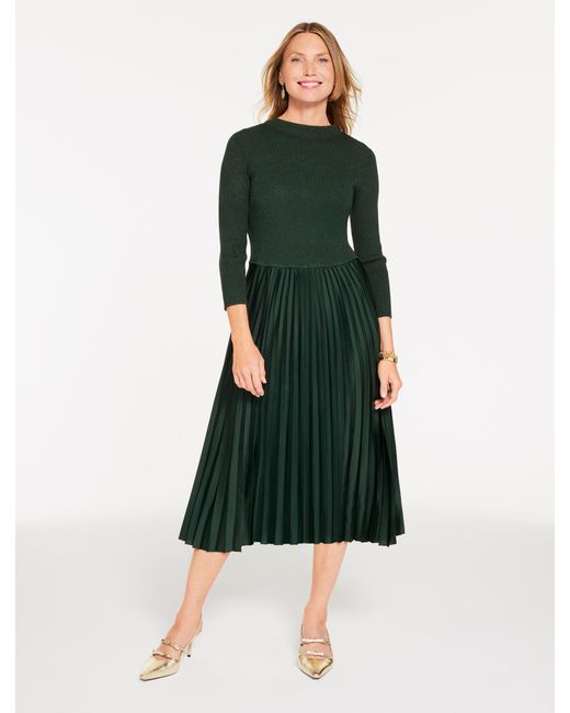 Talbots Green Mixed Media Pleated Midi Dress