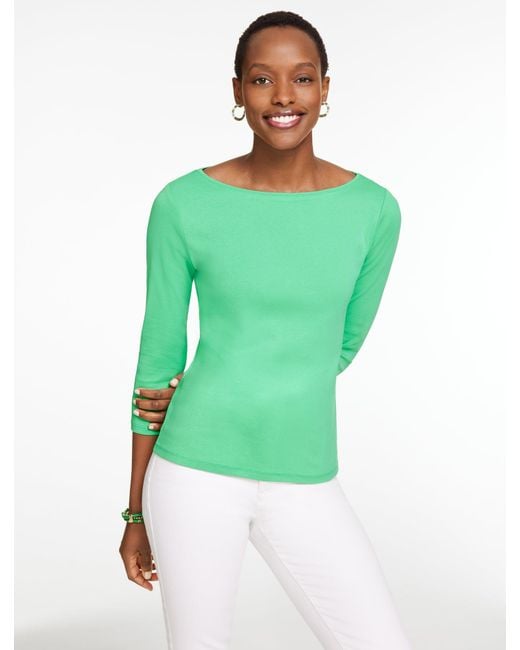Talbots Green Solid Bateau Neck T-shirt Pima Cotton