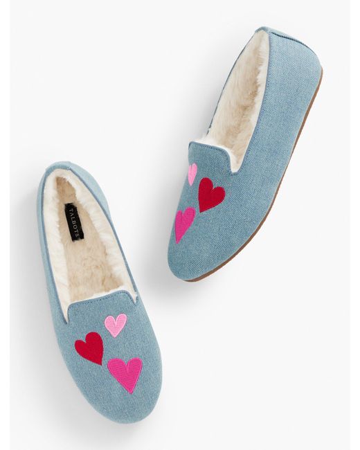 Talbots Blue Embroidered Hearts Denim Slippers