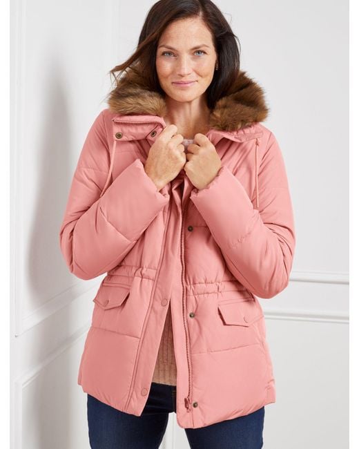 Talbots Faux Fur Collar Puffer Jacket in Pink Lyst