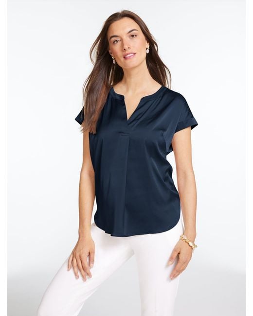 Talbots Blue Soft Satin Charmeuse Split Neck Top