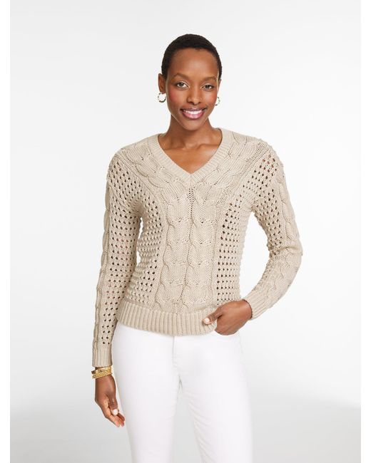 Talbots White Open Stitch Cable V-neck Pullover Sweater