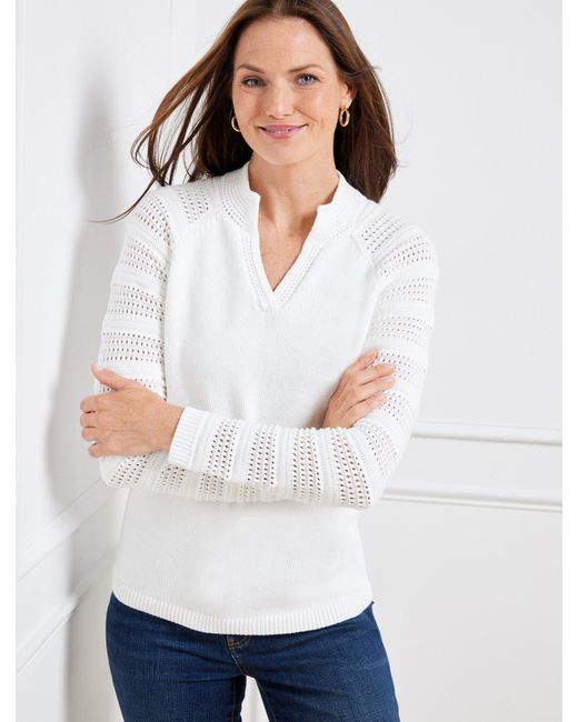 Talbots White Crochet Split Neck Sweater