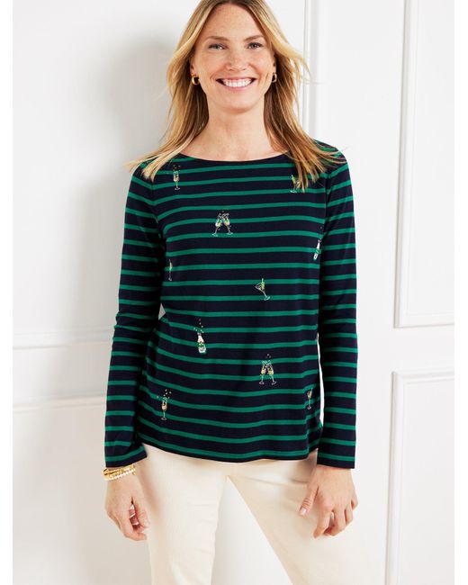 Talbots Green Embroidered Bateau Neck T-shirt