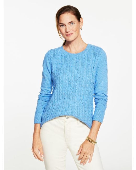 Talbots Blue Tweed Cable Knit Crewneck Sweater