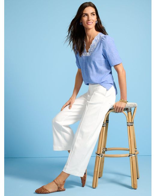 Talbots Blue Embroidered Short Sleeve Linen Top