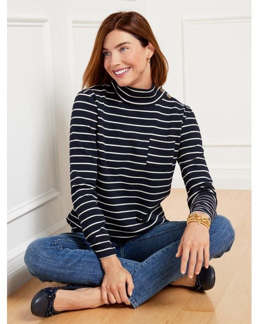 Talbots Blue Button Mockneck Pullover Sweater