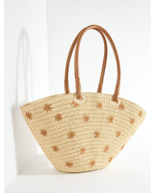 Talbots Natural Embroidered Flare Straw Tote