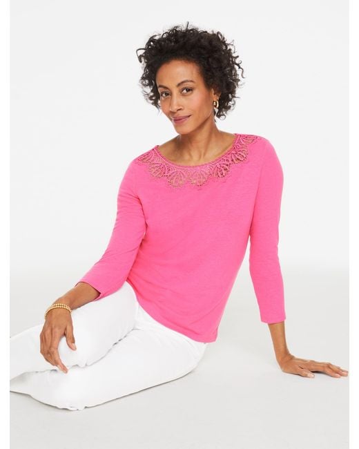 Talbots Pink Lace Trim Crewneck Top