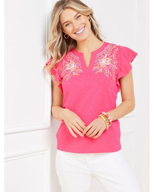 Talbots Pink Embroidered Ruffle Sleeve Top