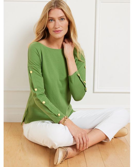 Talbots Green Button Sleeve Crewneck T-shirt