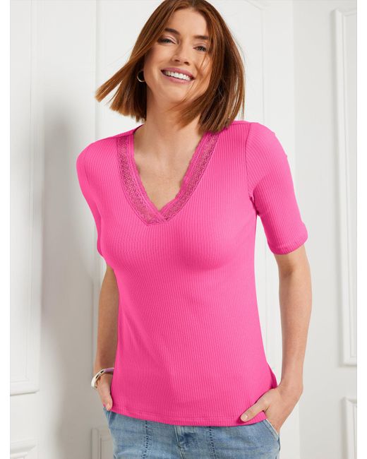 Talbots Pink Lace Trim V-neck T-shirt