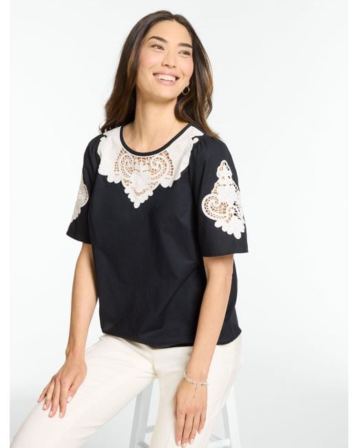 Talbots Black Embroidered Short Sleeve Poplin Top