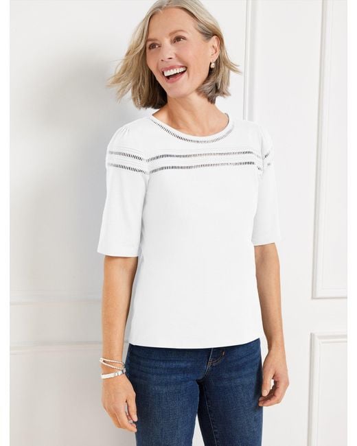 Talbots White Ladder Stitch Crewneck T-shirt