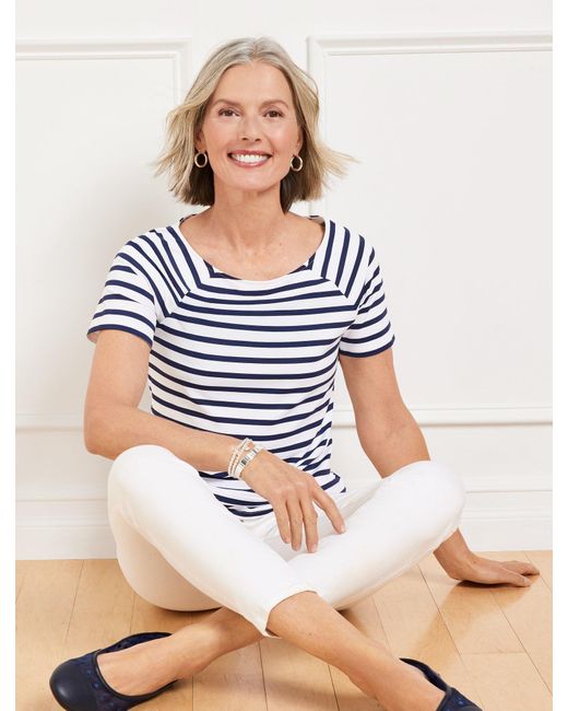 Talbots Blue Effortless Jersey Stripe Bateau Neck T-shirt