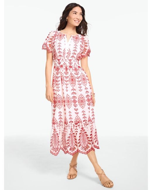 Talbots Red Bicolor Teardrop Eyelet Smocked Dress