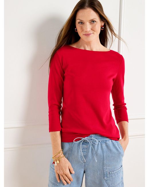 Talbots Red Solid Bateau Neck T-shirt Pima Cotton