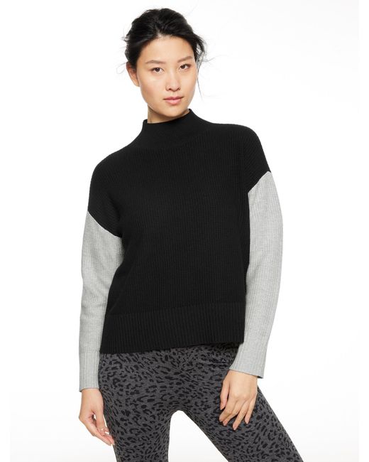 Talbots Black Waffle Knit Mockneck Colorblock Sweater
