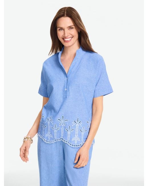 Talbots Blue Embroidered Linen Top